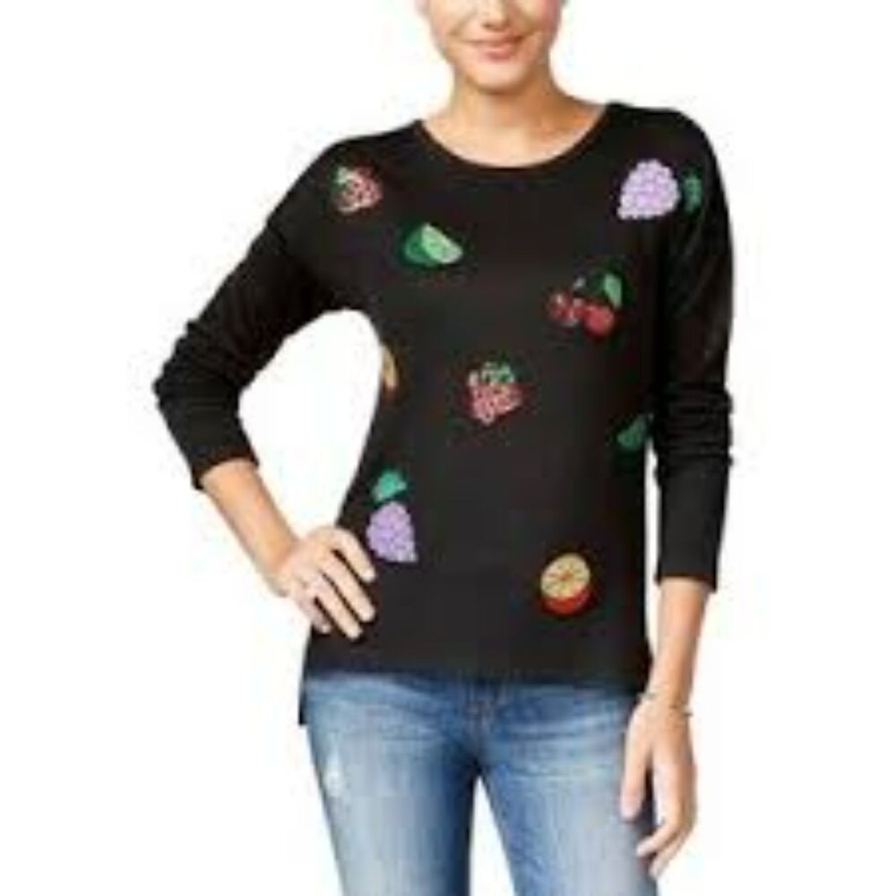 OhMG Fruit Patch Sequin Embellished Knit Long sleeve Maximalist Blouse Medium